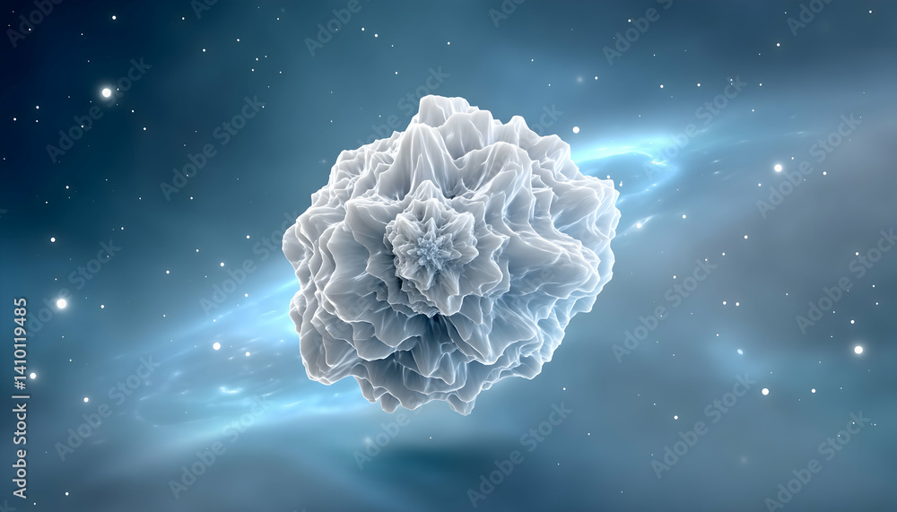 Fototapete microscopic view of a complex, white, organic structure against a nebula-like background
