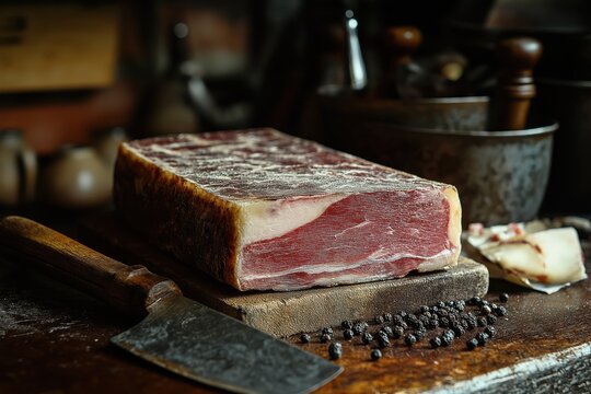 Guanciale slab and vintage cleaver resting on butcher&rsquo;s block in Rome