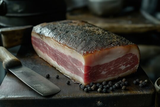 Guanciale slab and vintage cleaver resting on butcher&rsquo;s block in Rome