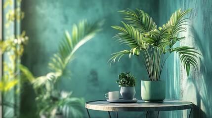 緑の壁に映えるヤシと観葉植物のスタイリッシュな室内装飾