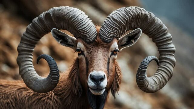 Close-up image of a wild goat native to Central Asia. Male goats feature tightly curled, corkscrew-like horns that can grow up to 160 cm long.