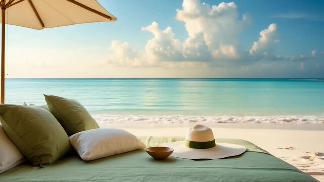 Vacation and summer concept video featuring beach lounge bed with umbrella