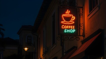 A neon sign with a coffee symbol and "Coffee Shop" written on it, featuring a metal ornament nameboard. Installed in front of a Mediterranean-style coffee shop.