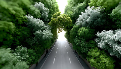 Road through lush green forest canopy, leading to bright light