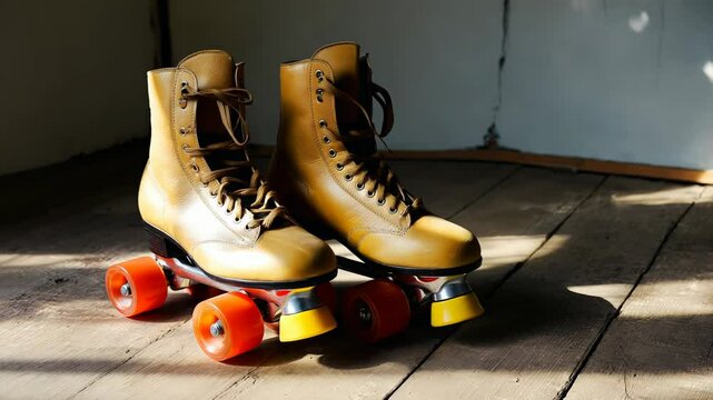 Leather retro vintage roller skates stand on a wooden floor, illuminated by sunlight