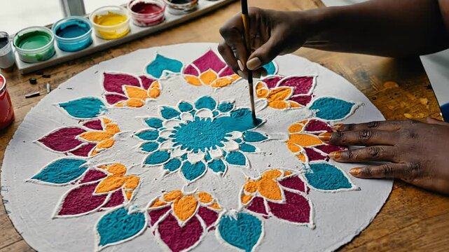 Artisan's Touch: A close-up view captures an artist's skilled hand carefully painting a detailed floral mandala on a canvas, bringing the intricate design to life.