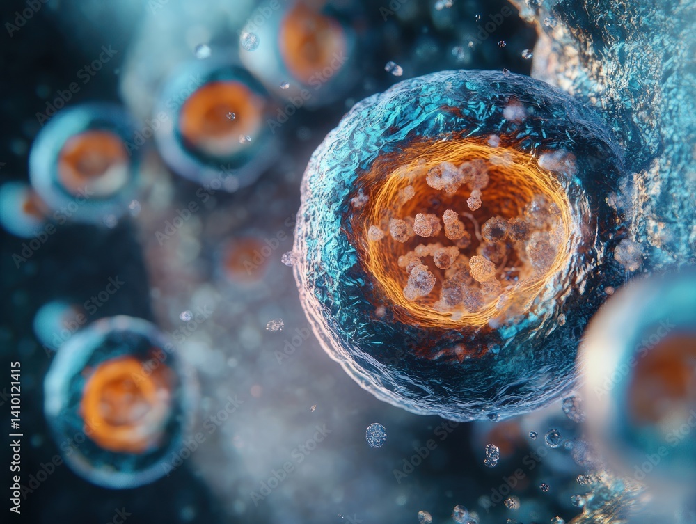 Poster a microscopic look at a developing cell, showcasing its internal structures and biological processes