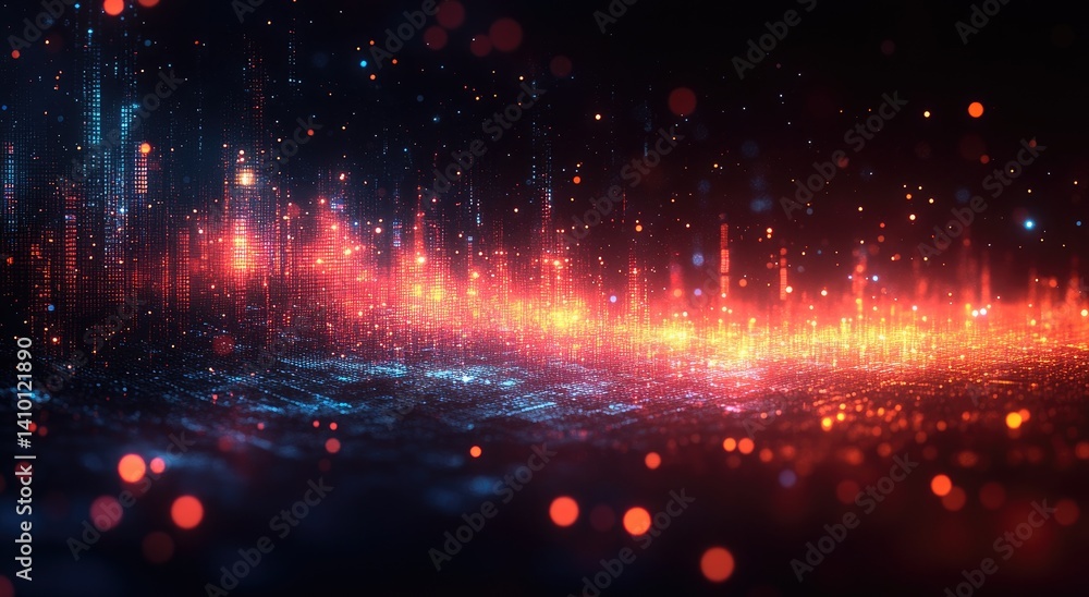Poster vibrant red and blue particles forming abstract digital cityscape against dark backdrop with bokeh e