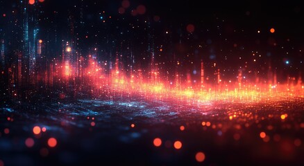 Fototapeta premium Vibrant Red and Blue Particles Forming Abstract Digital Cityscape Against Dark Backdrop with Bokeh Effect and Dynamic Energy