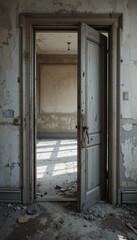 Open Doorway in Abandoned Room with Peeling Paint and Debris