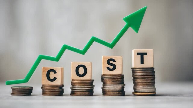 Cost terminology on reducing coin stacks with downward arrow for cost reduction idea impacting product pricing, profitability, inflation, and economic recession concept.