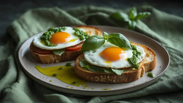 Toasted sandwich Croque-madame topped with a fried egg, pesto sauce, and basil on a linen tablecloth. Copy space, selective focus.