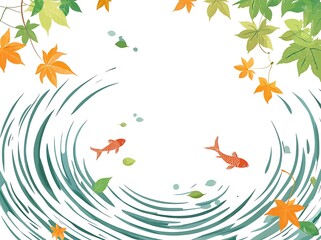 A white background with goldfish and green leaves floating in circles