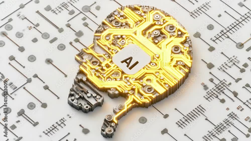 Aufkleber ai circuit head: a golden circuit board shaped like a human head symbolizes artificial intelligence,