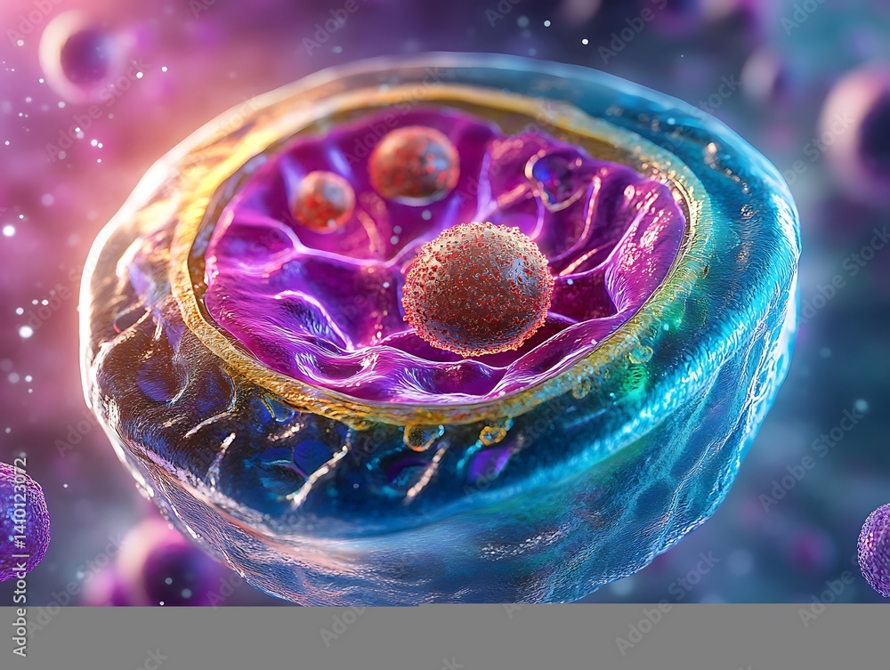 Poster a microscopic look at a developing cell, showcasing its internal structures and biological processes