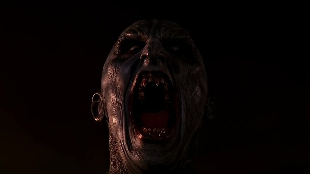 Creepy demon jumpscare sequence: sinister screamer emerging in darkness
