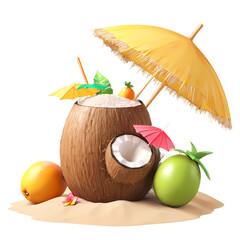 Tropical coconut drink with umbrella summer refreshment vacation beach exotic paradise getaway on transparent background