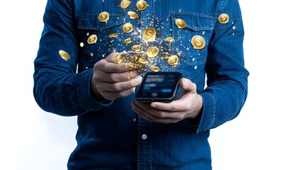 Fototapeta premium A person holds a smartphone from which digital coins appear to be bursting, symbolizing financial growth or online transactions.