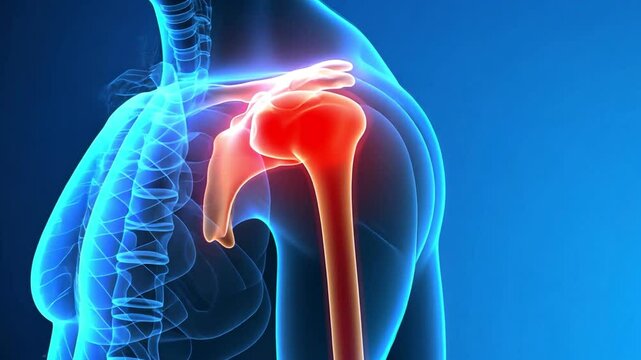 Shoulder Anatomy: A detailed and anatomically precise 3D rendering illuminates the intricate structure of the human shoulder, highlighting the skeletal components and their alignment.