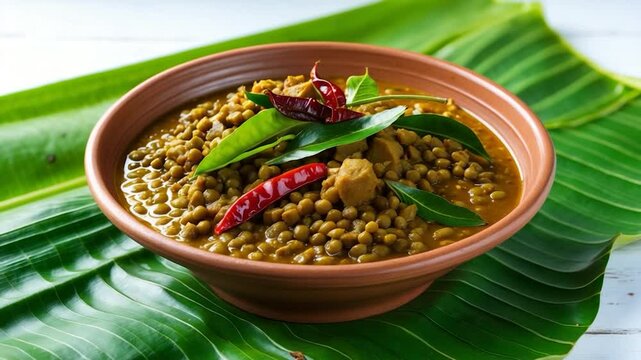 Kadala curry served in a clay pot on a green leaf against a white backdrop.