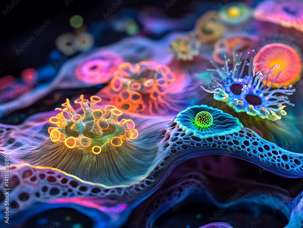 Poster a microscopic view of colorful microorganisms with glowing structures, showcasing their delicate and