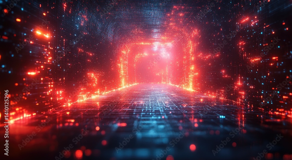 Poster abstract futuristic tunnel of red and blue light particles creating a dynamic glow in a dark digital