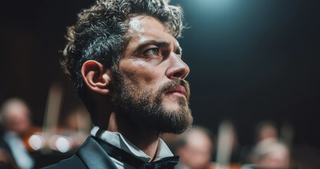 Caucasian adult male in tuxedo at concert, focused expression under spotlight