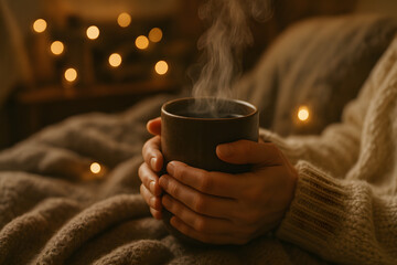 Person holding steaming mug in cozy setting with lights in the background while sitting down