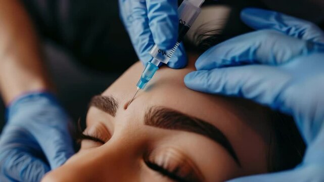Cosmetology procedures in a beauty salon. The girl makes a Botox injection. Facial fillers. Syringe with filler close-up. Woman face. Skin anti aging therapy. Skin care, rejuvenation. Female patient.