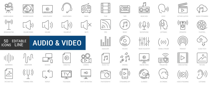 Audio and video icons set, editable stroke line icon pack. media, podcast, music, streaming, sound symbols. simple vector collection.