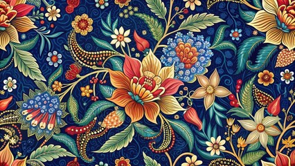 intricate batik design with floral motifs on a deep blue background