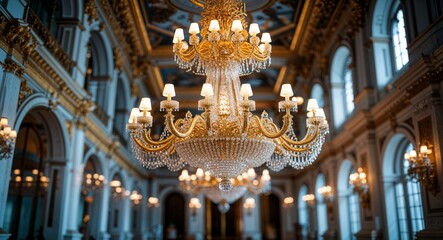 Obraz premium golden chandelier in grand palace hallway cinematic view background 