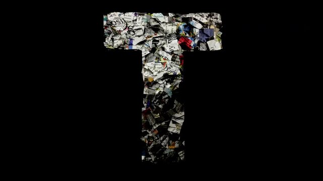 Letter T with cut up newspaper isolated on black 