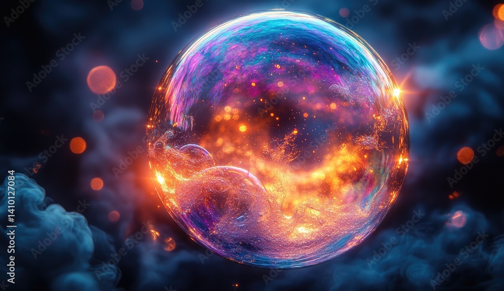 Poster abstract glowing sphere with vibrant particles and bokeh lights on dark background with blue smoke c