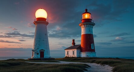 Naklejka premium old lighthouse with rotating beacon light cinematic view background 