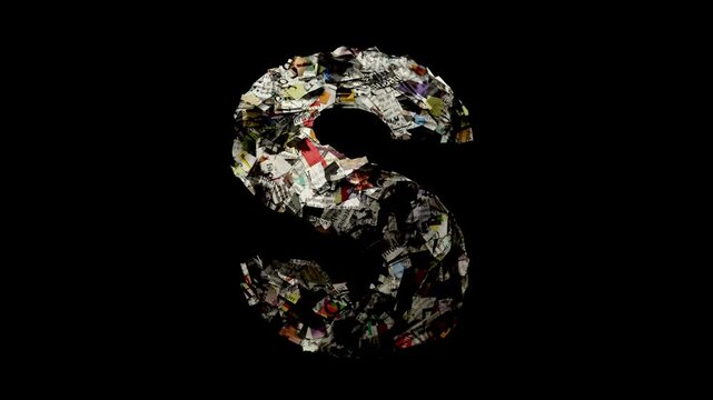 Letter S with cut up news paper isolated on black 