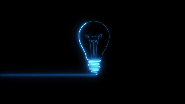 Glowing neon lightning bulb icon. Neon light blub icon animated on isolated black background.