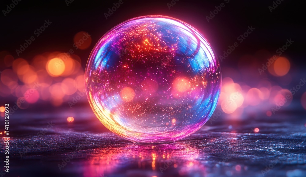 Poster abstract sphere of light and color on dark reflective surface with bokeh background in soft focus