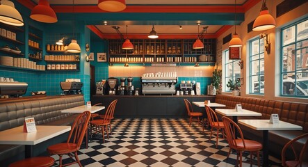 retro style coffee shop with checkerboard tiles cinematic view background 