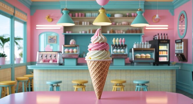 retro style ice cream parlor with pastel colors cinematic view background 
