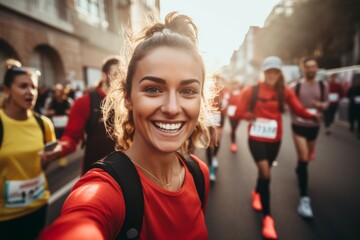 Smiling female Caucasian marathon runner taking a selfie during a marathon in the city