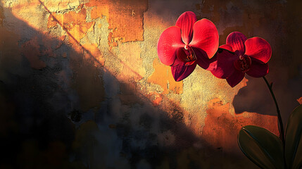 Vibrant red orchids illuminated by golden sunlight on a weathered wall.