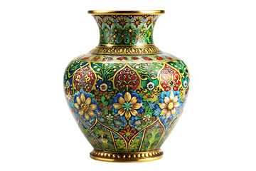 Exquisite Hand-Painted Floral Cloisonne Vase with Gold Accents  isolated on white background . Hand-Painted Floral Cloisonn Vase illustration on white