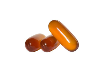 Three capsules, omega, vitamin, lecithin. long tablets isolated on transparent background, png photo