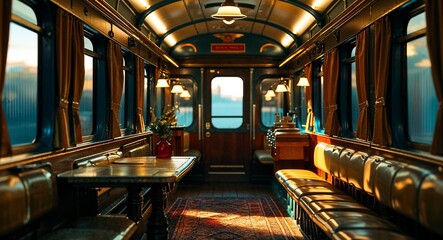 Fototapeta premium vintage train car interior with dim lighting cinematic view background 