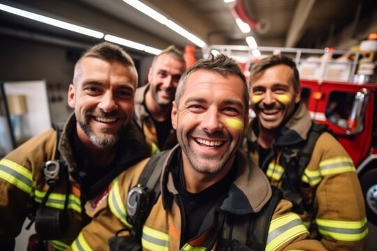 smiling firefighters taking a selfie in the firefighting station