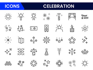 Vector illustration web line icon collection showcasing celebration themes, including party, confetti, fireworks, gifts, and joyful moments symbols.