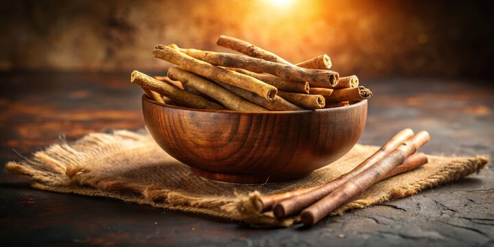 Ayurvedic Mulethi root stick served in a wooden bowl over a rustic stone background with soft golden lighting