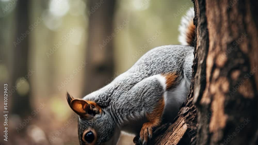 Poster interested squirrel observes from behind a tree trunk in the forest. detailed close-up profile view 