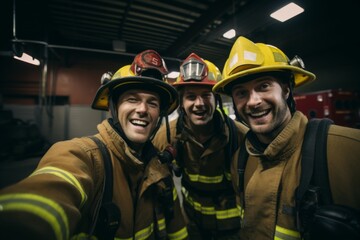 Fototapeta premium smiling firefighters taking a selfie in the firefighting station